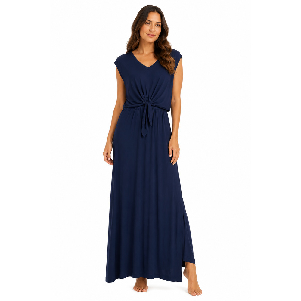Soma Tie Front Maxi Dress Size Medium Navy Blue Cap Sleeve Soft Jersey Pockets